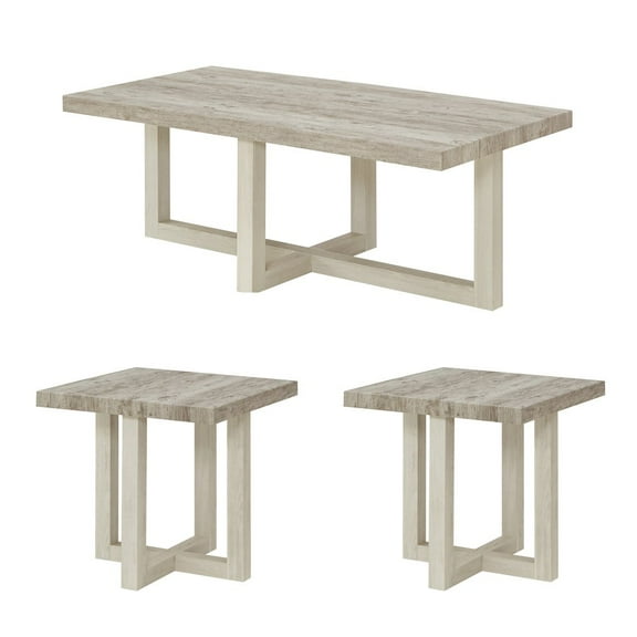 Roundhill Furniture 3-Piece Coffee Table Set, Coffee Table, Two End Tables, Weathered Gray and Beige