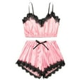 thumbnail image 1 of DPTALR Nouveau Pyjama pour Femmes à Col en V en Soie Dentelle Satinée à Rayures Camisole Tenue de Nuit Ensemble de Shorts, 1 of 1