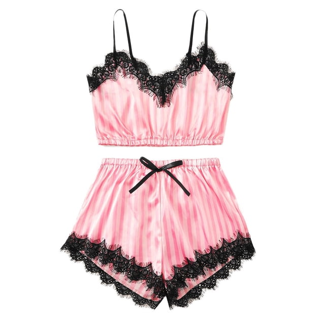 DPTALR Nouveau Pyjama pour Femmes à Col en V en Soie Dentelle Satinée à Rayures Camisole Tenue de Nuit Ensemble de Shorts