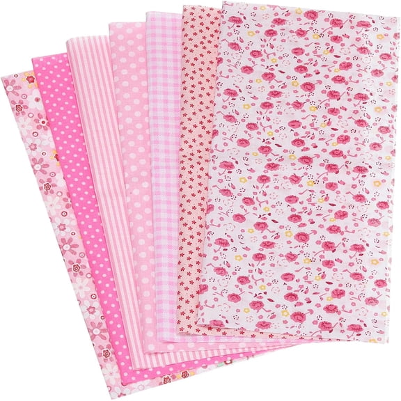Cotton Fabric Bundles, 7-Pieces 10 x 10 Inch Pure Cotton Fat Quarter Floral Printed Precut Fabric Squares for Sewing Patchwork Quilting DIY Crafts, Pink