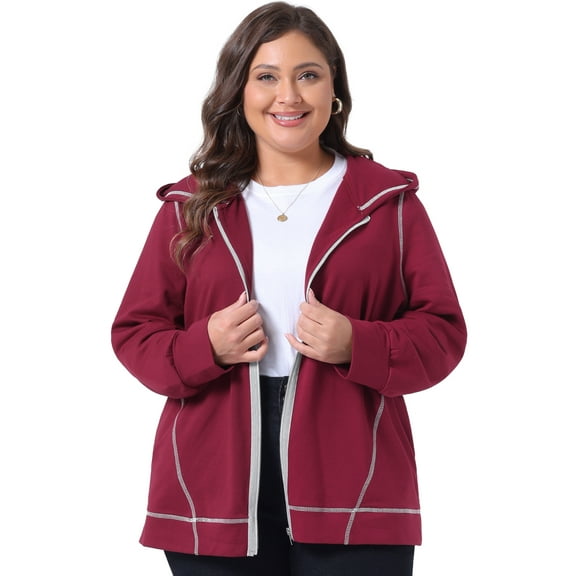 Unique Bargains Women's Plus Size Fleece Jacket Zip Front Hoodie 4X Burgundy