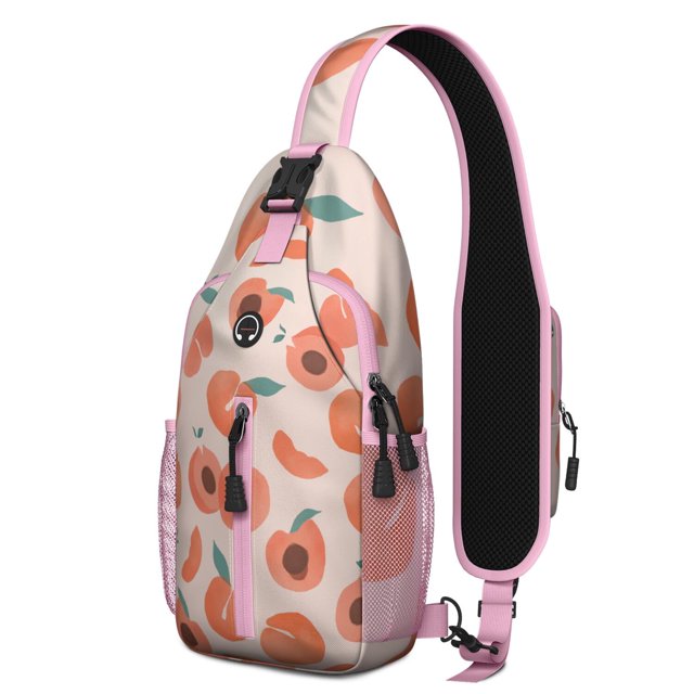 Vibrant Peach Print Sling Backpack, Cute Kawaii Tropical Fruit Design Crossbody Daypack, Modern Fresh Sweet Peach Pattern with Abstract Painting, Lightweight and Durable Adjustable Strap
