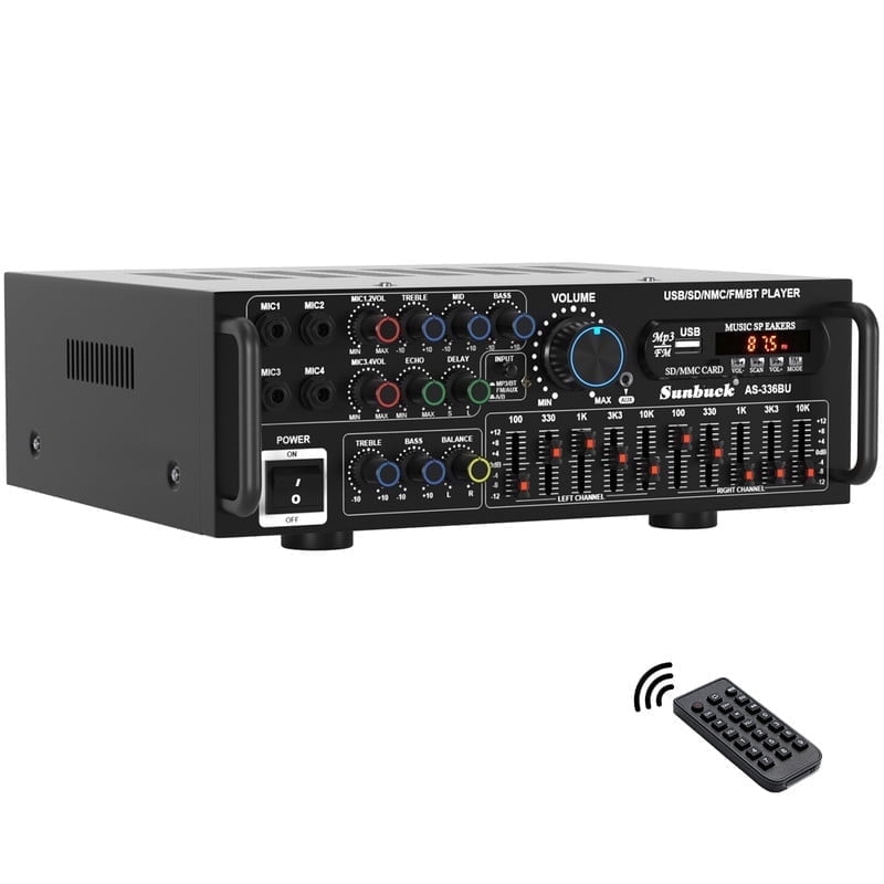 Stereo Receivers with Bluetooth 5.0 HiFi Sunbuck 2000W Stereo Power Amplifier Karaoke FM USB SD AUX Remote, Home Theater Audio Stereo System Components, Receiver for Speaker