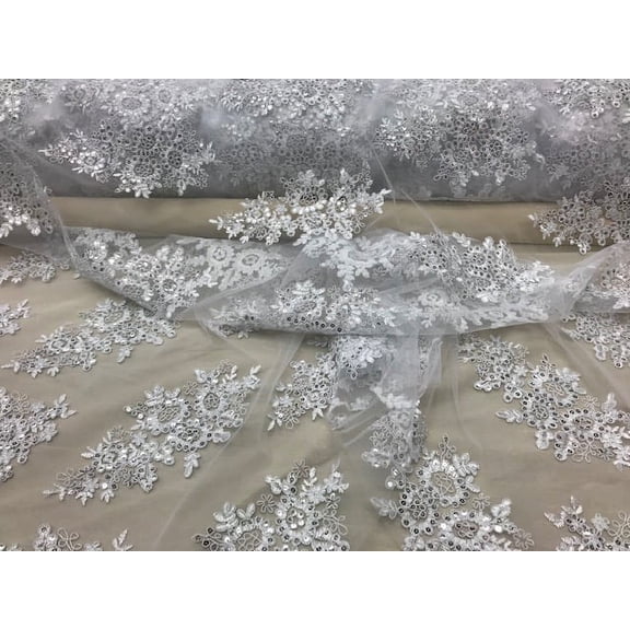 DECORATIVE SILK INC. Sequin lace Fabric with embroideries on mesh VT-010 (1 Yard,WHITE)