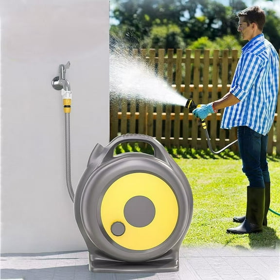 Garden Hose Reel Retractable Watering Home 15m Water Hose Car Wash Vegetable Watering Multifunctional Flower Sprinkler Water Gun Wall Mounted Swivel Bracket Hose Reel