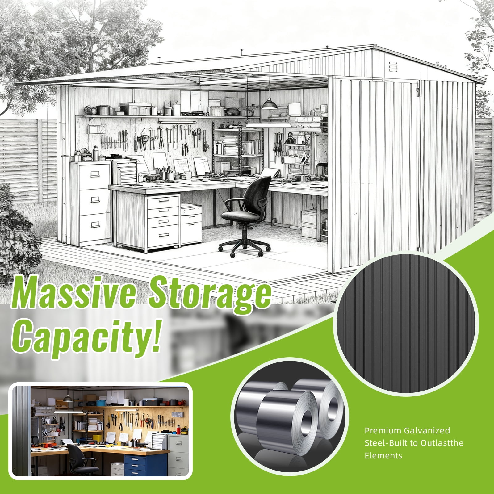 EasyHawk 14 ft x 12 ft Heavy-Duty Steel Outdoor Storage Shed with Lockable Doors, White Roof Garden Tool Shed