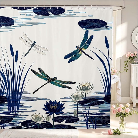 Erosebridal Cartoon Dragonfly Shower Curtain 72Wx72L,Retro Floral Bathroom Curtain,White Navy