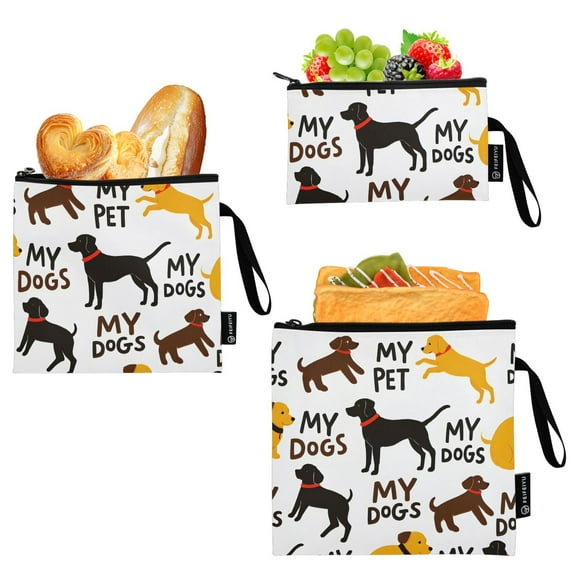 Haosy 3 Pack Reusable Ziploc Bags BPA Free Healthy Food Storage Bag Leakproof Sandwich Snack Freezer Bags Yellow Black Brown Dogs