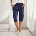 thumbnail image 2 of LIIPEE Women Pants Casual Solid Color Straight Leg Drawstring Linen Knee Length Pants With Pockets Ladies Comfortable Breathable Soft Daily Trousers,Blue,L, 2 of 4