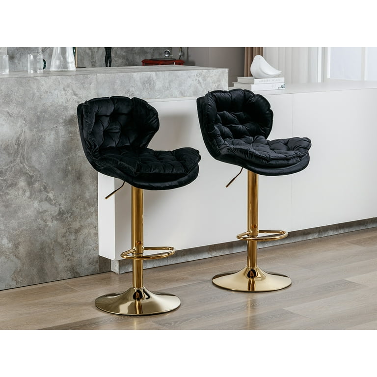 Set of Black Velvet Swivel Bar Stools with Upholstered Back