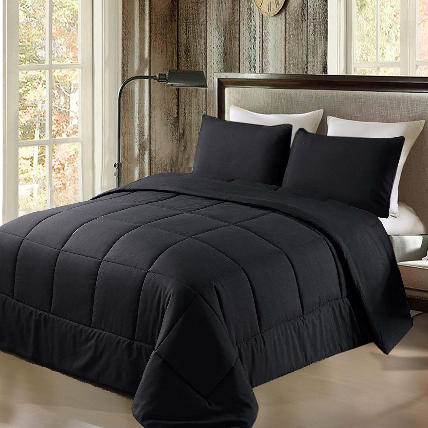 Exclusivo Mezcla Lightweight Reversible 3-Piece Comforter Set All Seasons, Down Alternative Comforter with 2 Pillow Shams, Queen Size, Black