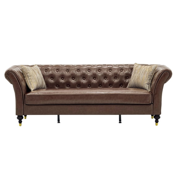 Dexqynl 88.5" Chesterfield Faux Leather Sofa with 2 Pillows, Brown 3-Seater Couch with Deep Button Tufting & Rolled Arms, Waterproof Pet-Friendly Mid-Century Modern Living Room Furniture