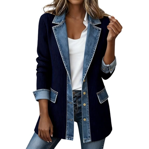 Hsovts Denim Patchwork Jackets for Women Denim Cuffs Corduroy Collared Jacket Knit Button Down Patchwork Long Sleeve Lightweight Casual Outerwear Navy XL