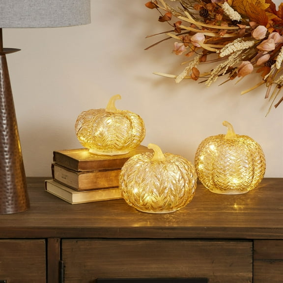 Melrose LED Mercury Glass Pumpkin Decor Set of 3 Beige Glam & Luxury Glass LED