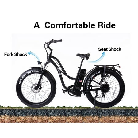 SOHOO 48V750W16AH 26″x4.0 Fat Tire Electric Bicycle Step-Thru Beach Cruiser (Fit for 5ft 8 to 6ft 8) (Black)
