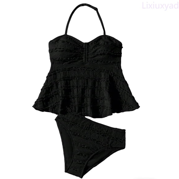 Lixiuxyad High Elastic Ribbed Tankini Two Piece Swimsuit For Girls Comfortable Kids Swimwear,Swimsuits Sets Sizes 9-10 Years Black