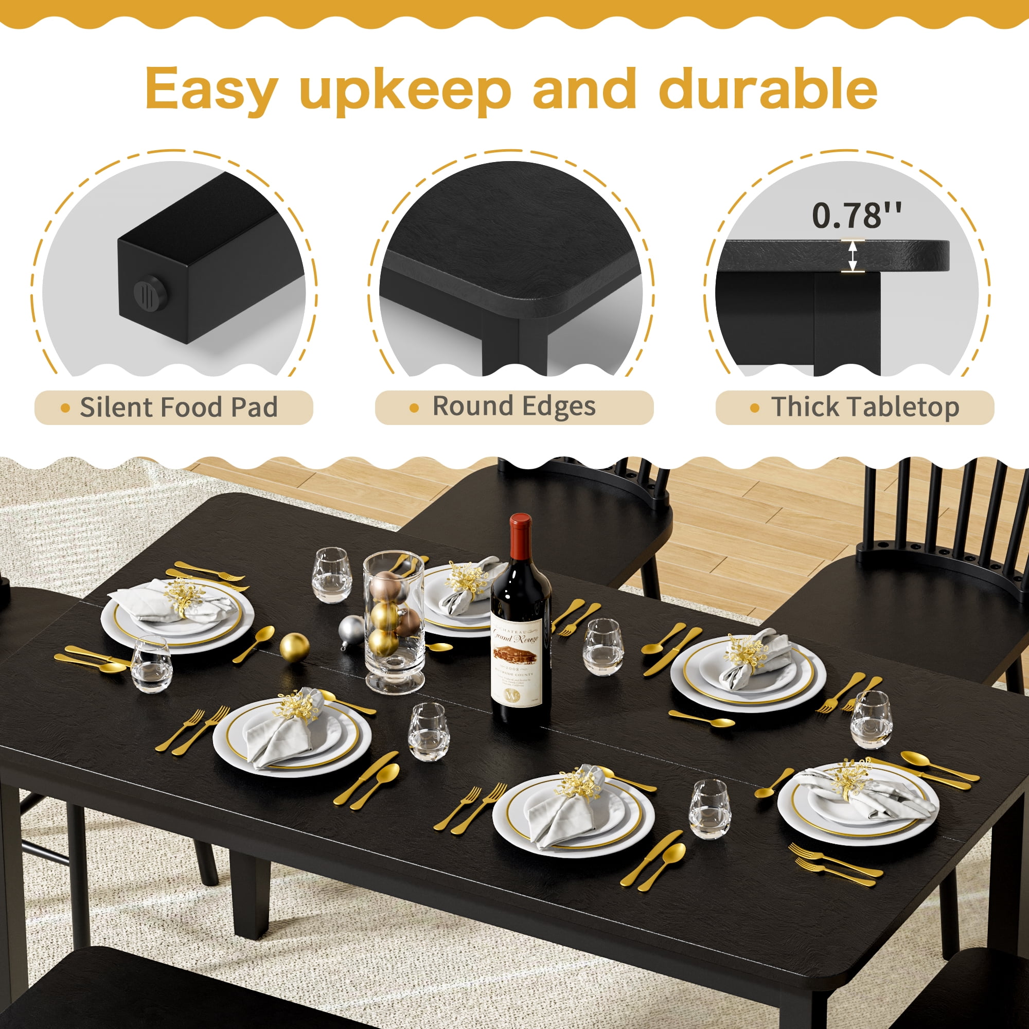 Lacoo Modern Simple Solid Wood Dining Table Set 6-Piece, 1 Table 4 Chairs 1 Bench, Kitchen Dining Room Furniture Set, Multiple Colors Available