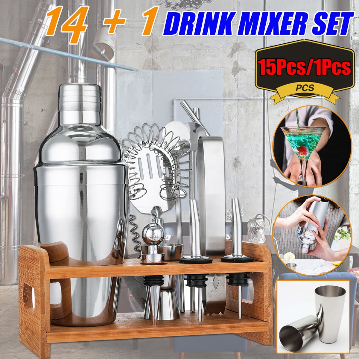 15Pcs Profession Cocktail Shaker Bar Set, Stainless Steel Bartender