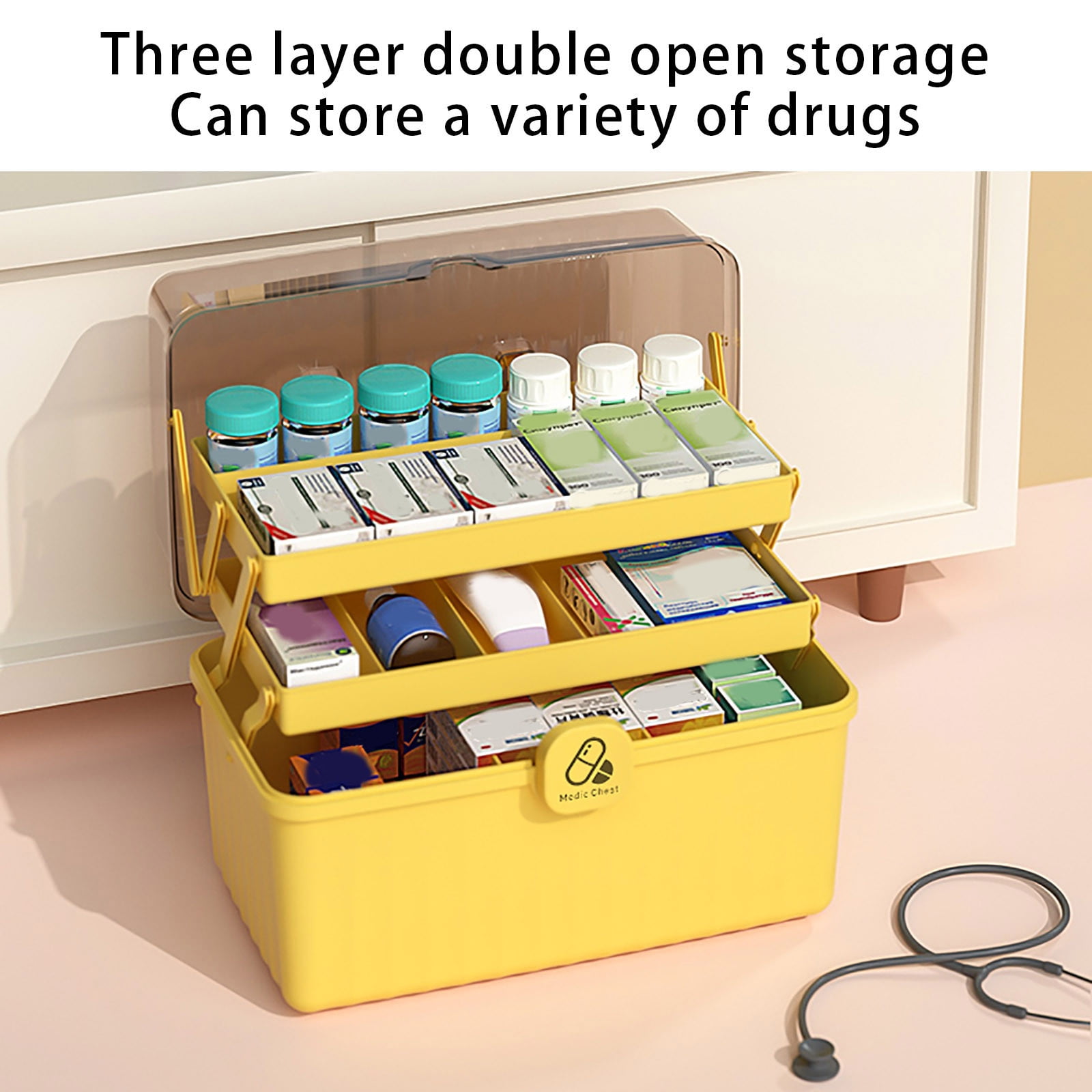 Hershii Plastic Medical Storage Containers Medicine Box Organizer Home  Emergencies First Aid Kit Pill Case 3-Tier with Compartments and Handle  (Large