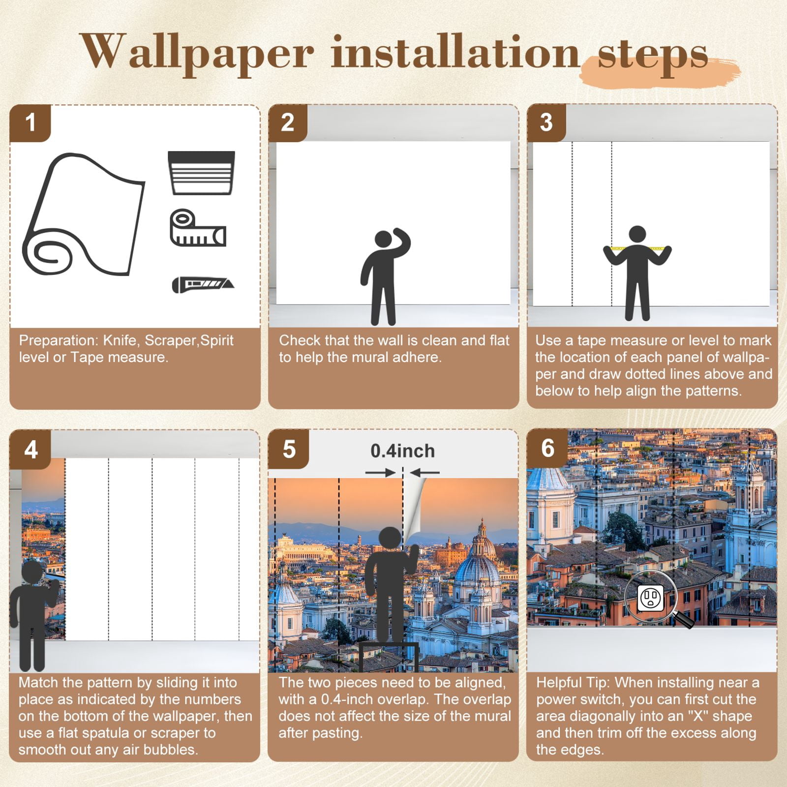 Wallpaper Rome Skyline Italy Peel and Stick Wall Murals 69"H x 96"W Removable PVC Wall Paper Self-Adhesive Wall Paintings Art Decor for Bedroom Living Room