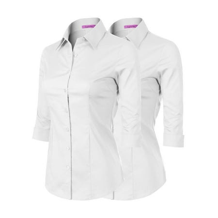 Made by Olivia Women's 3/4 Sleeve Stretchy Button Down Collar Office Formal Casual Blouse Shirts Top 2PACK - White/White (Best White Button Down Womens)