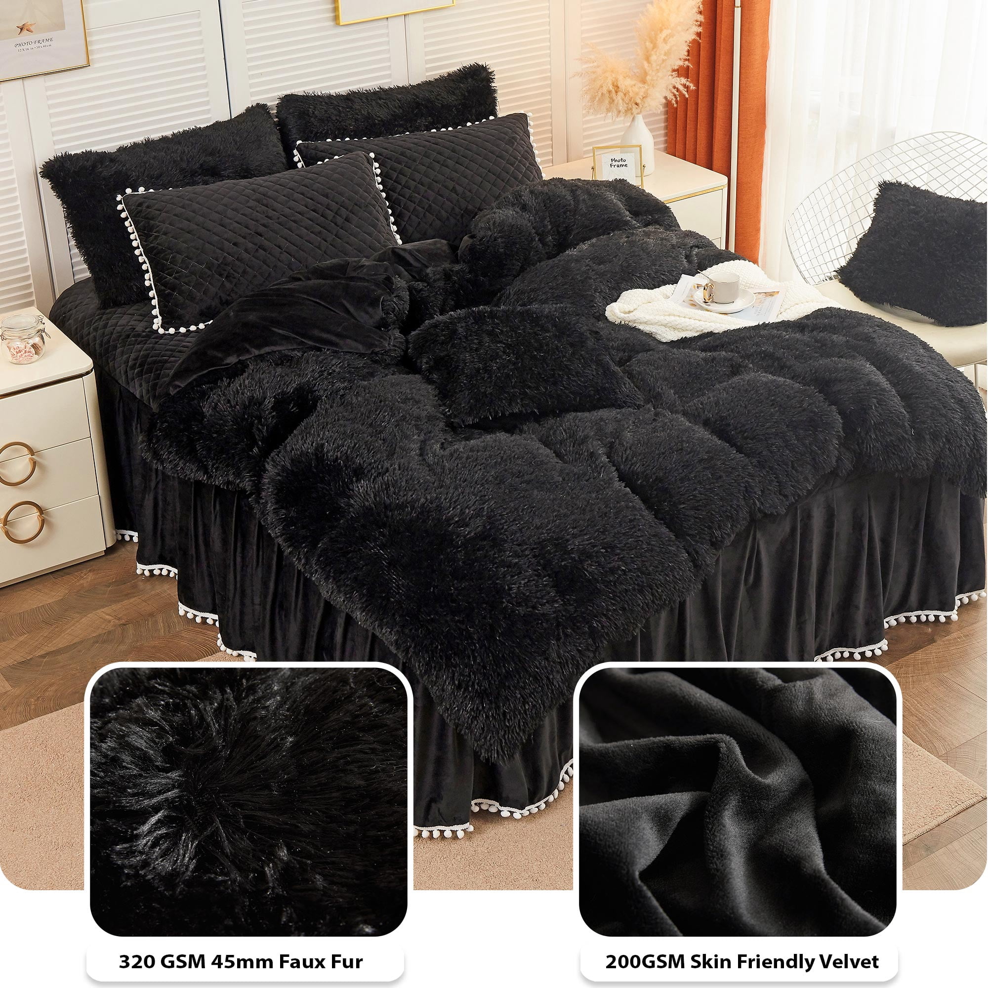 LIFEREVO Luxury Plush Shaggy Duvet Cover Set, Soft Velvet Fluffy Furry Duvet Cover Set(1 Faux Fur Fuzzy Comforter Cover + 2 Pom Poms Pillow Cases) Solid Bedding Set, Zipper Closure(Full/Queen, Black)