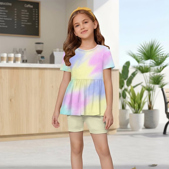 Grblisyd 1-13Y Tween Girl Clothes 2 Piece Short Sleeve Gradient Ruffle Hem Top and Biker Shorts Teen Girl Summer Outfits Short Set