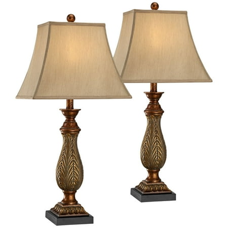 - Regency Hill Traditional Table Lamps Set of 2 Two Tone Gold Leaf Linen Rectangular Bell Shade for Living Room Family Bedroom