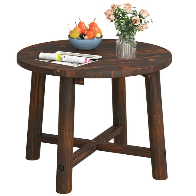 Costway 1 PCS Table d'Appoint Extérieur avec Structure en Bois Massif Petite Table Basse Ronde pour Jardin
