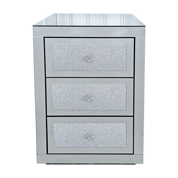 3 Drawer Mirrored Nightstand Silver Glass Modern Style Luxury Design Ample Storage Space High Quality Materials Easy Assembly Elegant Bedroom Furniture