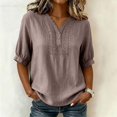thumbnail image 2 of Womens Embroidered Cotton Linen Tops Summer Casual Boho Linen Mid Cuffed Sleeve Shirts V Neck Vacation Work Daily Blouses, S, 2 of 8