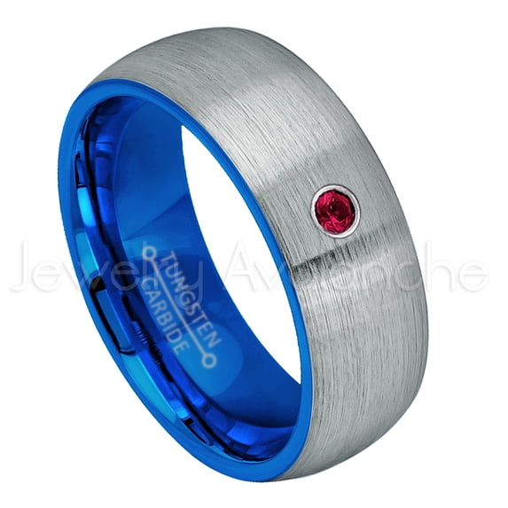 2-Tone Dome Blue IP Inner Tungsten Ring - 0.07ct Solitaire Ruby Ring - Personalized Tungsten Wedding Ring - Custom Made July Birthstone Ring TN736BS