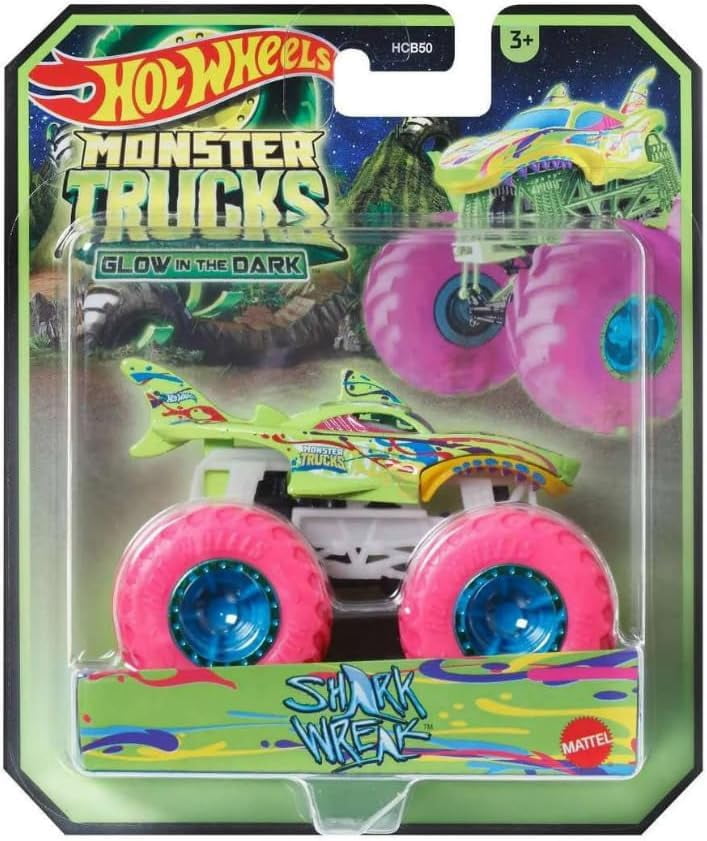 Hot Wheels Monster Trucks Glow in The Dark Collection, 5-Pack Set, Shark Wreck, Bigfoot, Bone Shaker, Scorpedo, Loco Punk