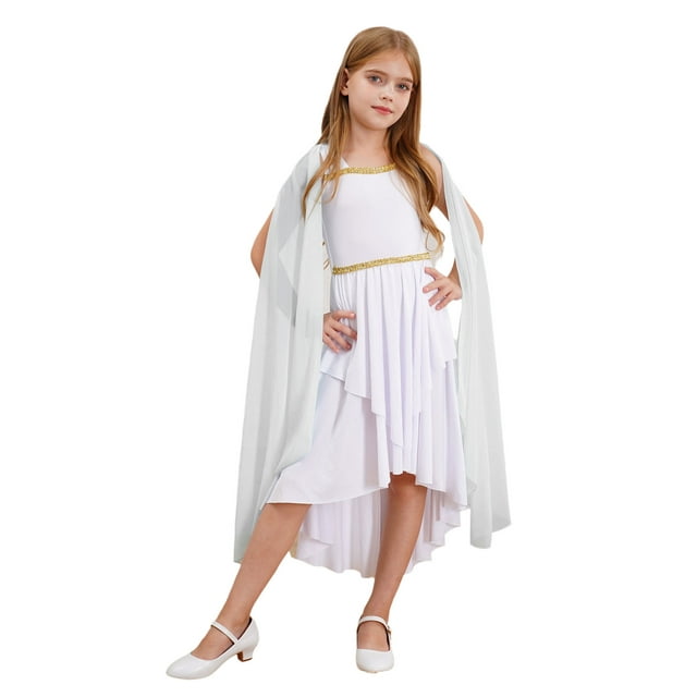 Moggemol Robe Trapèze en Mousseline à Manches Courtes Cape Princesse pour Filles Enfants Thème Fête Robe de Bal Blanche 12