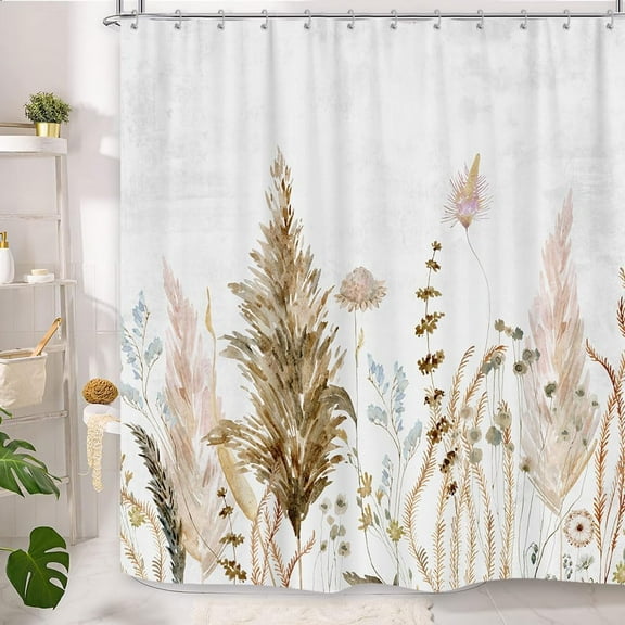 Rustic Boho Leaves Shower Curtain - Watercolor Tan Cream Pampas Grass, Vintage Beige Botanical Flower on Wooden Plank Fabric, 72x72 Inch, Perfect for Chic Farmhouse Floral Bath Decor
