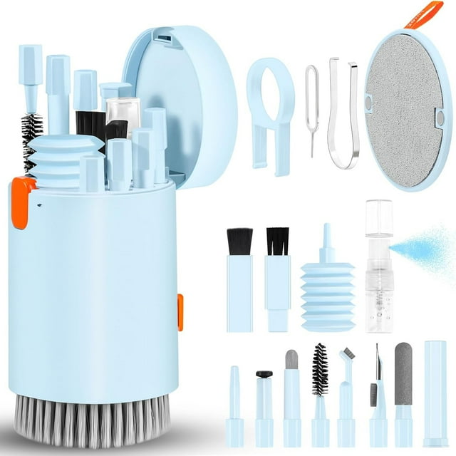Djiypn Keyboard Cleaner Kit, Electronics Cleaning Kit with Retractable Big Brush, Portable 20-IN-1 Multi-Tools Kit for Phones, Tablet, Computer, PC, TV Camera Lens with 10ml Mist Spray (Blue)