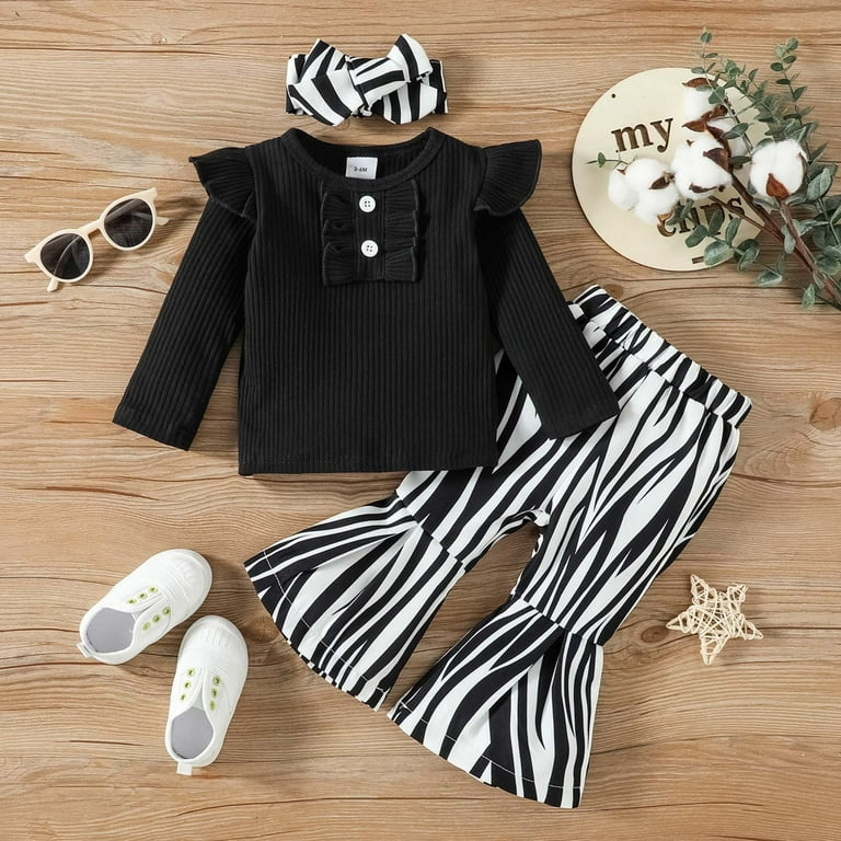 Voncos Baby Clothes Clearance Baby Suit Baby Girls Macrame Long Sleeve Round Neck Blouses Stripe Flared Pants Two piece Set Black Size 9 12 Months