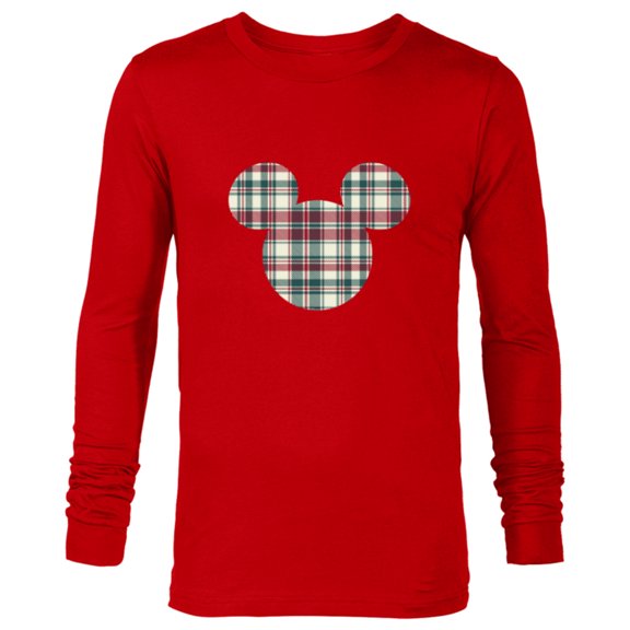 Disney Mickey Mouse Head Icon Christmas Holiday Plaid - Long Sleeve T-Shirt for Men - Customized-New Red