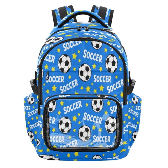 Qxltty Soccer Stars Backpack School Bookbag with Clear PVC Front Pocket, Laptop Compartment, Water Resistant Travel Daypack for Students