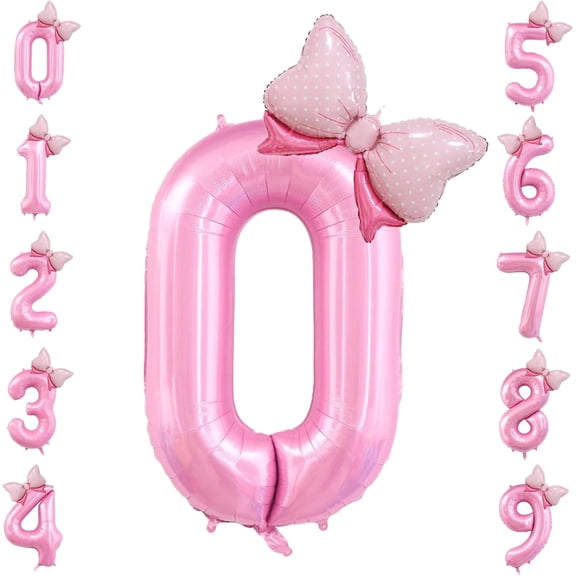 40 inch Number 0 Balloon with Bow Pink Happy Birthday Jumbo Aluminum Film Number Balloon for Girls Daughter Birthday Decorations Party Supplies (Number 0)