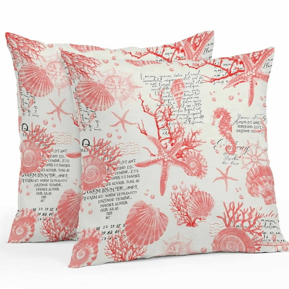 Outdoor Waterproof Pillow Covers Pack of 2, Red Coastal Starfish Shell Coral Seahorse Ocean Vintage Decorative Throw Pillowcases Cushion Covers for Garden Patio Tent Sofa Couch, 18x18 inch