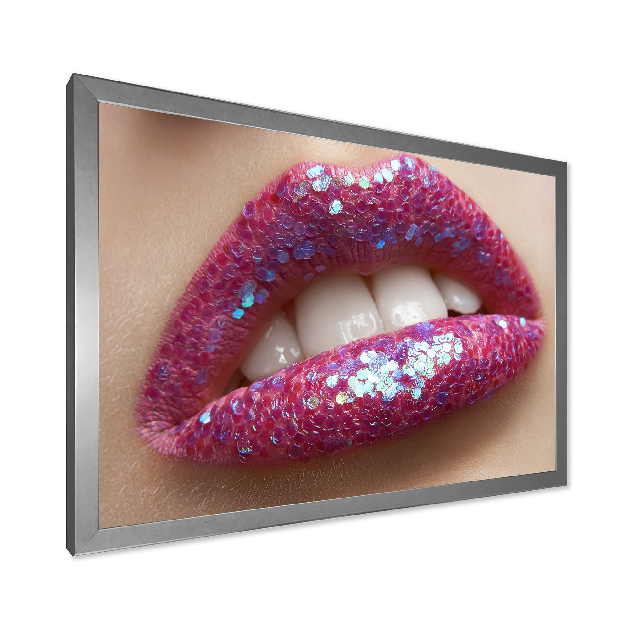 Designart 'Girl Lips Pink Lipstick and Sequins' Modern Framed Art Print