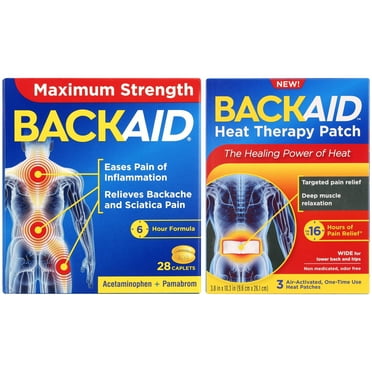 Backaid Max Back Pain Reliever 28 Pills   Heat Patch Back Relief 3 Pads Bundle, 31 Total