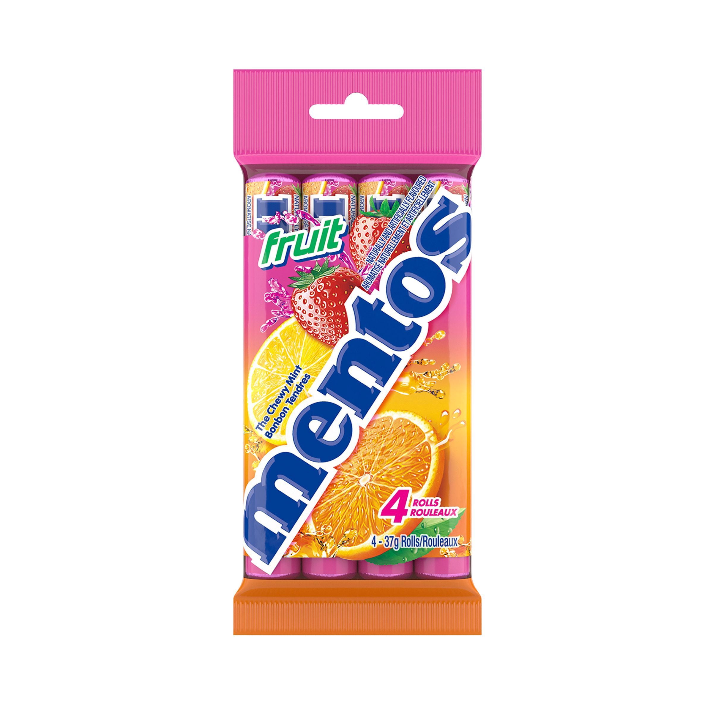 Mentos Chewy Mints, Fruit - Pack of 4 Rolls (56 Pieces), 37g per roll