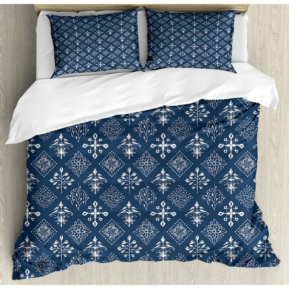 Ambesonne Mediterranean Duvet Cover Set, Rectangular Armor, Calking, Navy Blue and White