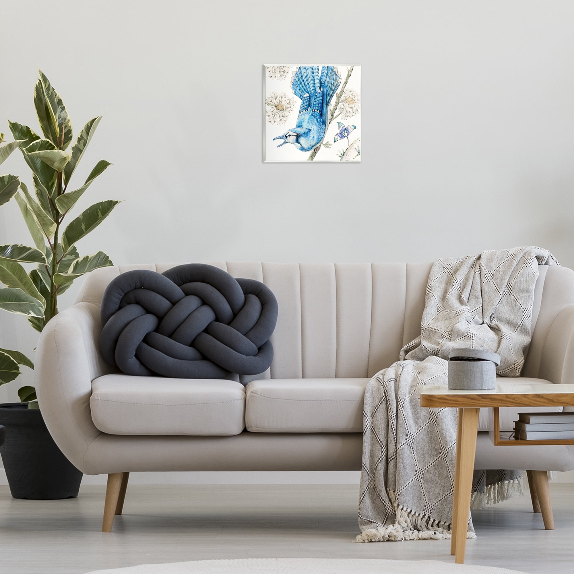Stupell Industries Blue Jay Perched Florals Animals Painting Unframed Art Print Wall Art, 12 x 12