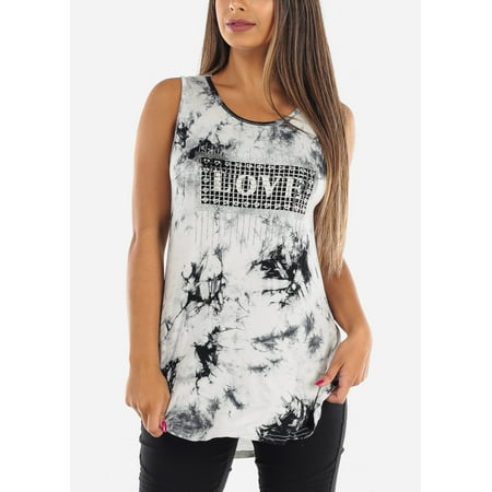 Rhinestone Beater Tank - Womens Juniors Cute Casual Summer Everyday Stretchy Sleeveless Grey Tie Dye Love Rhinestone Long Tunic Tank Top 40233R