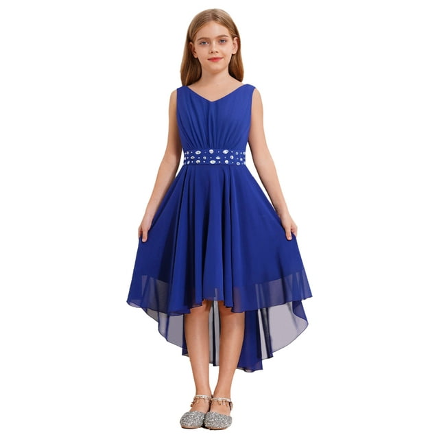 Riismen Robe de Demoiselle d'Honneur en Chiffon Sans Manches Ourlet Haut Bas Robe de Fête d'Anniversaire Fille Fleur Bleue 12