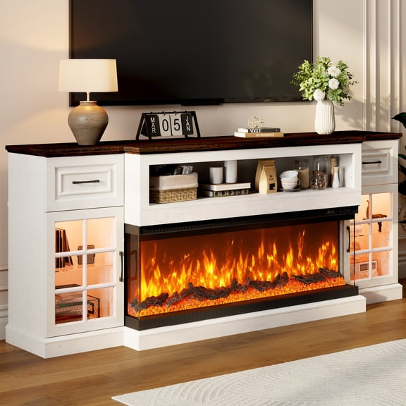 ChVans 3-Sided Glass 81" Fireplace TV Stand for TVs up to 90", Farmhouse Entertainment Center TV Console Table with 50" Electric Fireplace & LED Lights, TV Stand with Fireplace 3D, White