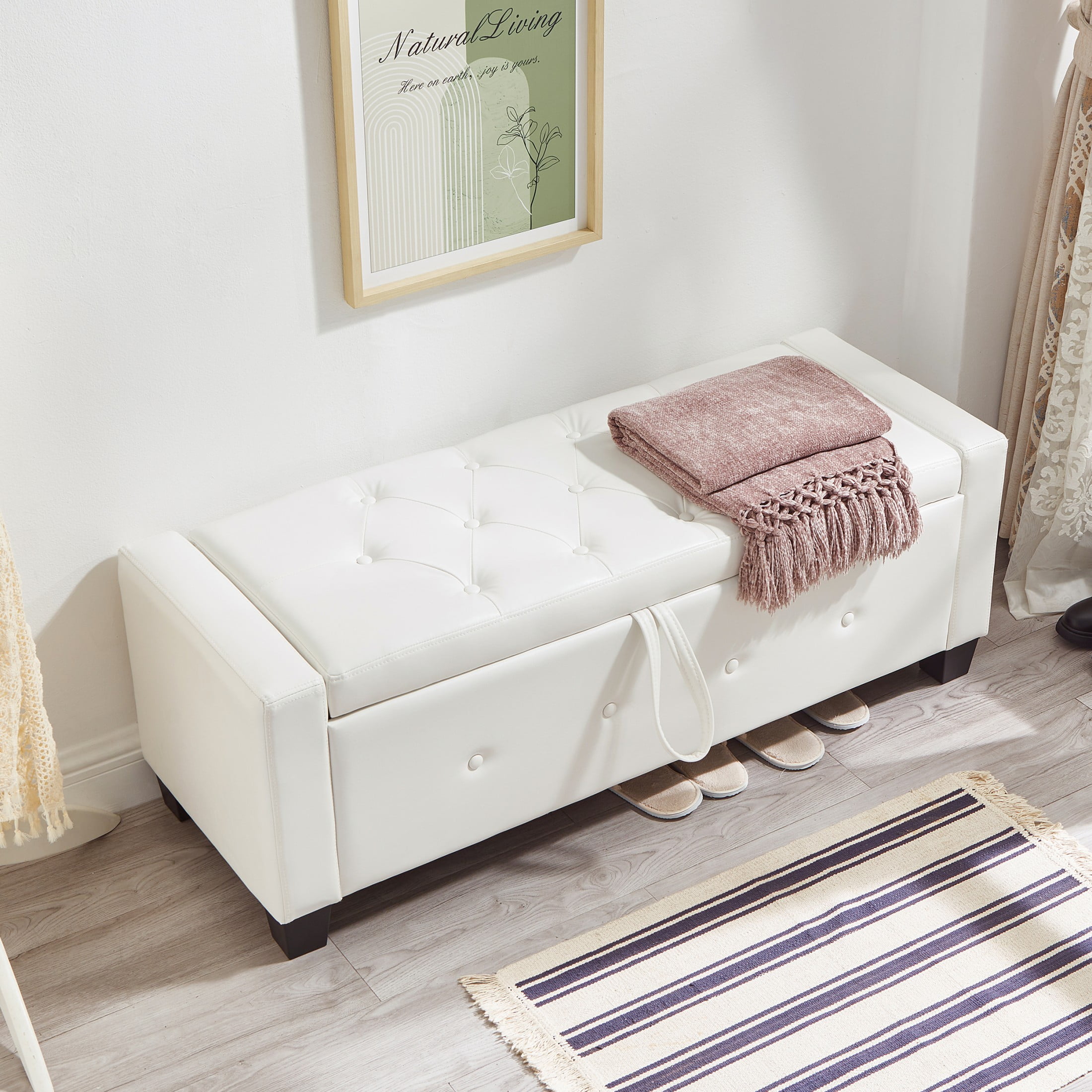 Aukfa 48" Storage Ottoman Bench with Safety Hinges, Upholstered Tufted Faux Leather Bench for Bedroom, Living Room & Entryway, White
